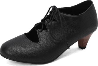 Generic Womens Round Toe Lace-Up Cutout Pumps Low Kitten Heels PU Upper Soft Inner Lining Non-Slip Adjustable Comfortable Shoes,Black,4.5 UK