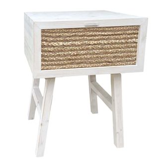 NATYAL Mesita de noche de madera en blanco envejecido con caj&oacute;n de yute 45cm