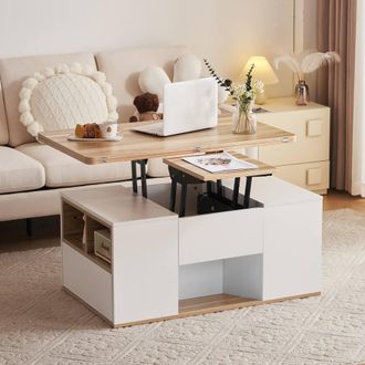 Matteo White & Oak Lift-Up Coffee Table with Storage & 2 Drawers