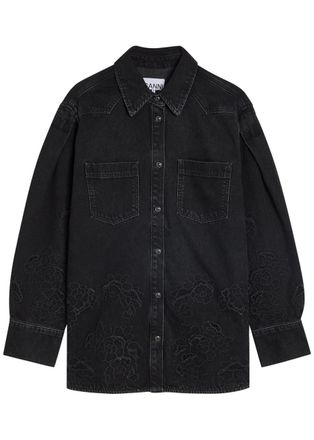 Ganni Floral-embroidered Washed Denim Shirt - Black - 38 (UK10 / S)