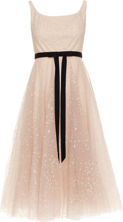 Marchesa NOTTE blush pink glitter tulle black velvet bow tea length gown US2 S