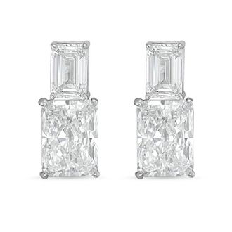 Diana M. Jewels 14kt white gold 6cts lab grown emerald and radiant cut diamond earrings