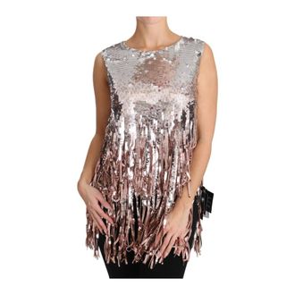 Dolce & Gabbana Tanktop met paillettenfranjes - Dames - Tops - Veelkleurig - Maat: 2XS Nylon