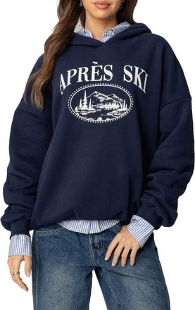 Edikted Après Ski Graphic Hoodie in Navy at Nordstrom, Size X-Large