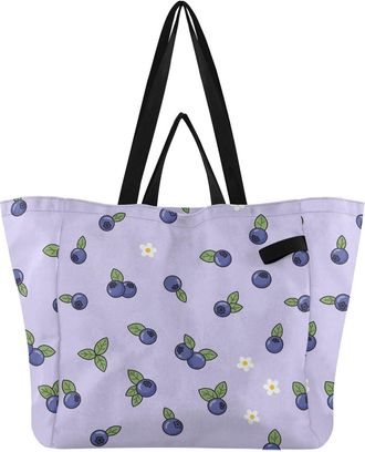 Generic Blueberries Flowers Purple pattern Reusable Canvas Tote Bag, Heavy Duty Grocery Shopping Bag with Double Handles Large Capacity Hard Bottom Work Groce