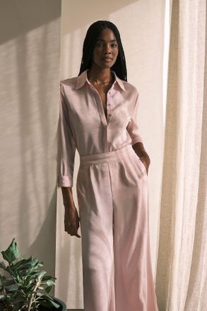 Karen Millen Womens Petite Hammered Satin Wide Leg Woven Trouser - Pink - Size 10 UK