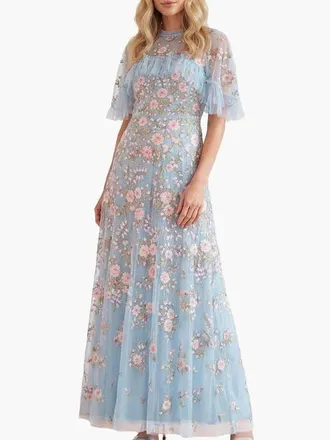 Needle & Thread Eden Rose Cape Ankle Gown in Aqua/multi at Nordstrom, Size 12