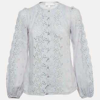 Zimmermann Light Blue Linen Iris Broderie Anglaise Long Sleeve Top