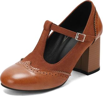 Generic Womens T-Strap Buckle Mary Janes Block Mid Heels Vintage Brogues Pumps Comfort Round Toe Wedding Uniform Casual Shoes (7.5,Yellow)