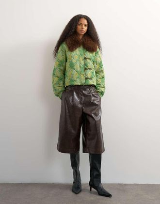 Topshop giacca con colletto effetto pelo stampato verde