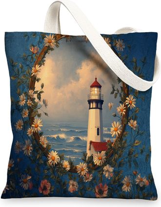 Generic Vintage Floral Canvas Tote Bags, Decorative Lighthouse Print Reusable Shopping Bags, Lightweight Washable Shoulder Strap Ca, Blue, 13x15 Inch