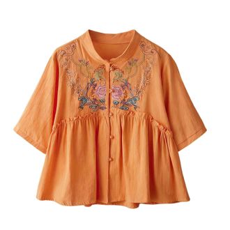 Generic Womens V-Neck Cotton and Linen Blouse - Embroidered Pullover Shirt for Spring Summer Casual Fashion Loose Fit Office Work Top Comfortable Business Ver