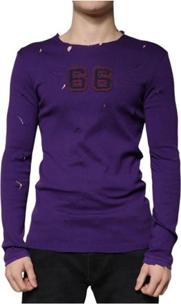 Dolce & Gabbana 66 Truien Distressed Tee - Heren - Longsleeves - Paars - L - Katoen - Tops