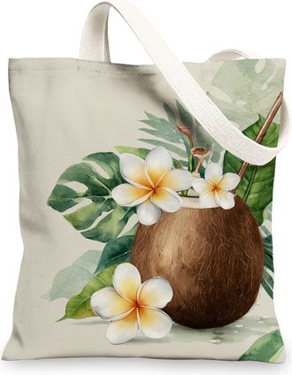 Generic Tropical Canvas Tote Bag, Eco-Friendly Reusable Carry All Bags, Lightweight Coconut Design with Floral Accents 13x15 Inch