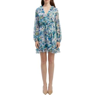 Bardot Ruffle Long Sleeve Faux Wrap Chiffon Minidress in Blue Floral at Nordstrom, Size 4
