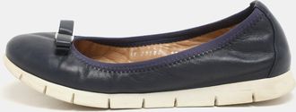 Ferragamo Navy Blue Leather Vara Bow Ballet Flats