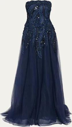 Teri Jon Floral-Embellished Tulle Strapless Gown