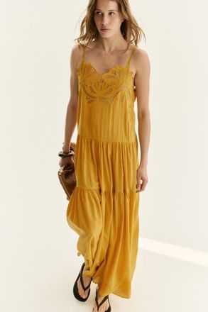 H&M Embroidered Tiered Dress in Dark Yellow at Nordstrom, Size X-Small
