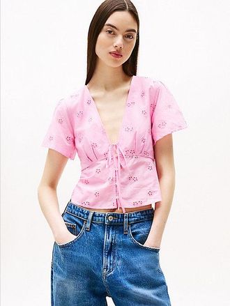 Tommy Hilfiger Slim Fit Broderie Anglaise V-Neck Blouse