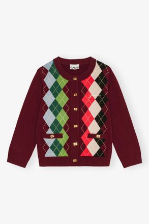 Ganni Red Burgundy Check Cardigan - Size XXS Merino Wool