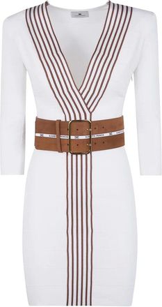 Elisabetta Franchi Gestreepte bandagejurk met riem - Dames - Jurken - Wit - Maat: L Leer