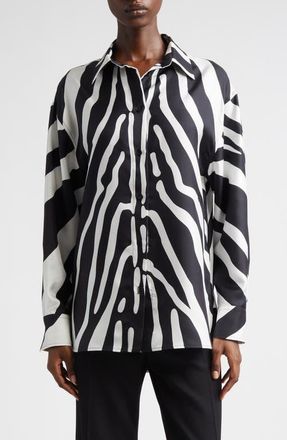 Ferragamo Animal Print Silk Button-Up Shirt in Mascarpone/Nero at Nordstrom, Size 8 Us