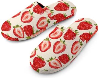 Generic Strawberries Mens Slippers Flannel Warm House Shoes with Rubber Anti-Slip Sole Slip On for Home Outdoor