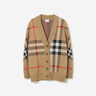 Burberry Check Wool Blend Cardigan, Beige