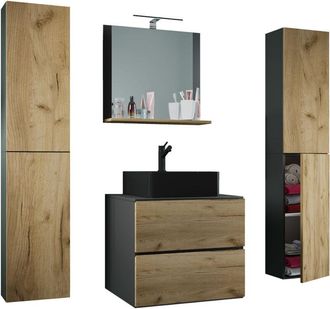 ebuy24 Vcm 5pcs Lavabo Lavabo Negro Gabinete Inferior Ancho 60 Cm Muebles De Ba&ntilde;o Conjunto Con Cajones Espejo De Puertas Giratorias Lendas S Bl (roble Miel /