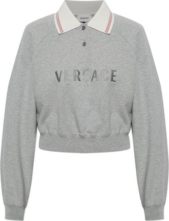 Versace Cropped Katoenen Jersey Poloshirt - Dames - Polos - Grijs - XS - Katoen - Tops
