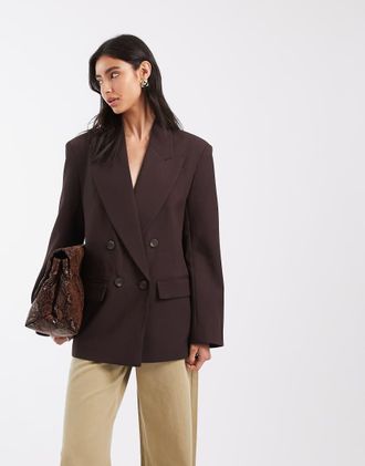 Asos blazer sartoriale doppiopetto con spalle strutturate marrone scuro