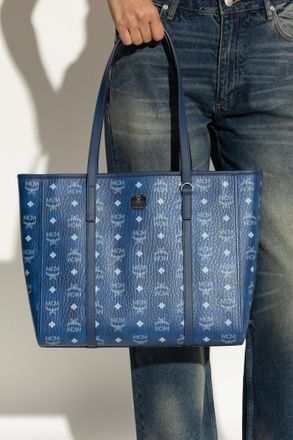 MCM Shopper Bag With Monogram, Womens, Navy Blue