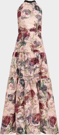 Milly Gizelle Tiered Floral Brocade Halter Gown