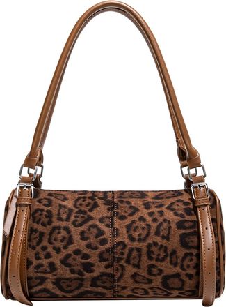 Generic Cymwer Cylinder Bag Elegant Sling Bag Large Solid Color Shoulder Bag for Women(Leopard) (Dark Brown)