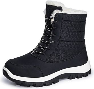 Generic Womens 2025 Winter Snow Boots Ankle-Length Faux Fur Lined Booties Waterproof Synthetic Leather Slip-On Casual Outdoor Shoes(Black,7.5 UK)