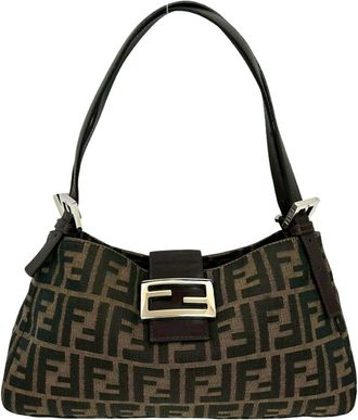 Fendi Black Brown Canvas Leather Handbag Shoulder Bag Tote Bag (Pre-Owned)