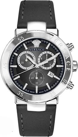 Versace Accessoires, Heren, Zwart, ONE Size, Chronograaf Leren Band Kwartshorloge met Datum
