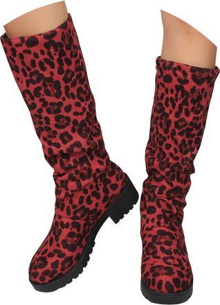 Generic Women Suede Knee High Boots 2025 Winter Fashion Solid Color Slouch Ruched Wide Calf Round Toe Comfort Non Slip Long Booties Casual Comfortable Chunky 