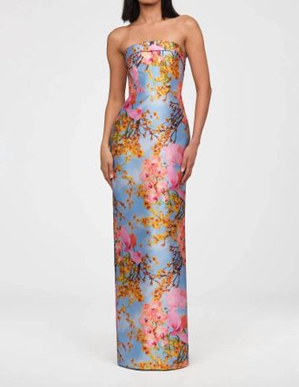 Theia Cleo Strapless Column Gown In Whisper Blue Zen In Bloom