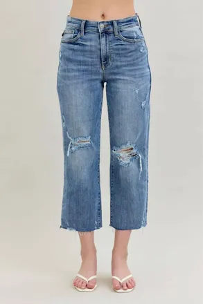 Judy Blue High Waist Destroy Wide Leg Crop Denim Jeans In Light Blue