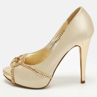 Gina Size 37 Gold Leather And Satin Crystal Embellished Platform Pumps