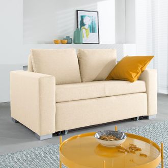 Mørteens home24 mooved Schlafsofa Latina 2-Sitzer Creme Webstoff 150x90x90 cm (BxHxT) mit Schlaffunktion/Bettkasten Modern