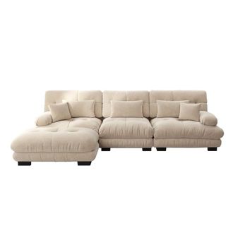 Urban Meuble Sof&aacute; rinconero modular de 3 plazas en chenilla capiton&eacute; con puf, beige
