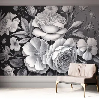Tulup Carta Da Parati Autoadesiva - Fotomurale - Decorazione Parete - Stile Elegante - Decorazione Casa - Fiori Grigi 312x219 Cm