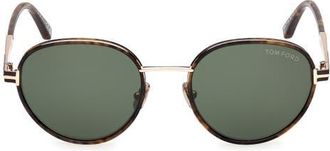 Tom Ford Jet 51mm Round Sunglasses in Havana Brown Rose Gold /Green at Nordstrom