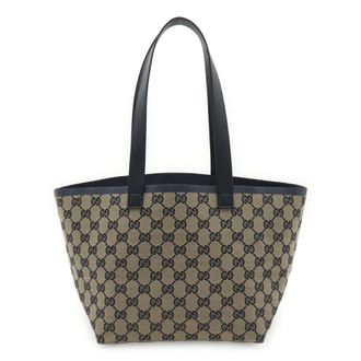 Gucci Beige Navy Canvas Leather Handbag Pouch Shoulder Bag Tote Bag (Pre-Owned)