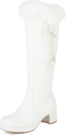 Generic Qynthra Womens Knee High Boots Faux Fur Trim Decorative Bow Gold Chain Tassels Block Heel Winter Footwear Romantic Date Night,White,6.5 UK
