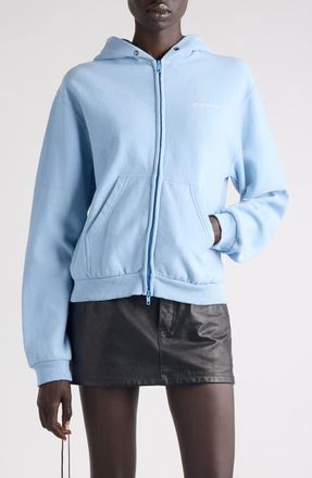 Balenciaga Logo Embroidered Dry Fleece Zip Hoodie in Light Blue/White at Nordstrom, Size X-Small
