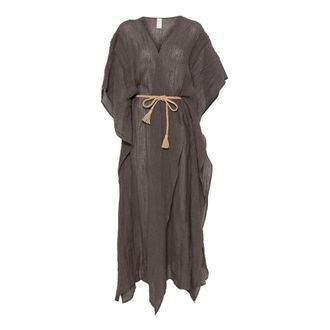 120% Lino Lange Linnen Jurk - Dames - Kimonos - Bruin - ONE Size - Linnen - Overhemden