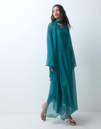 Asos vestito grembiule in chiffon con allacciatura al collo verde petrolio